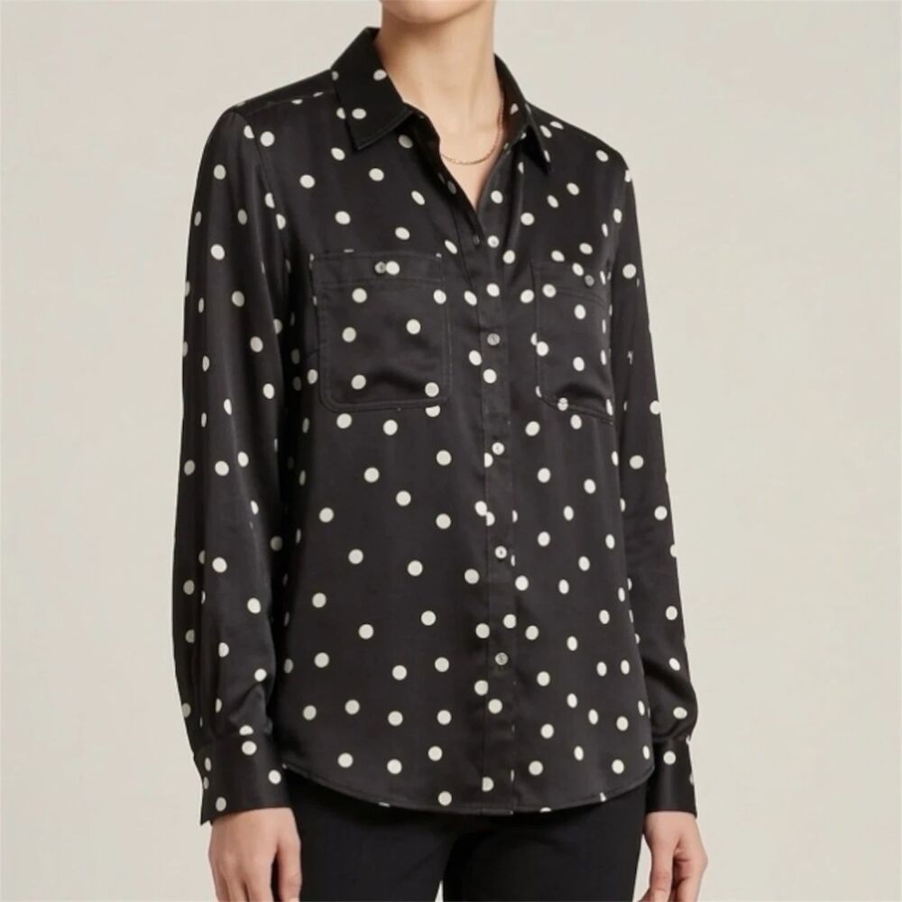 CHAPS Ralph Lauren Shirt Womens L Button Down Polka Dot Blouse Satin Corpcore